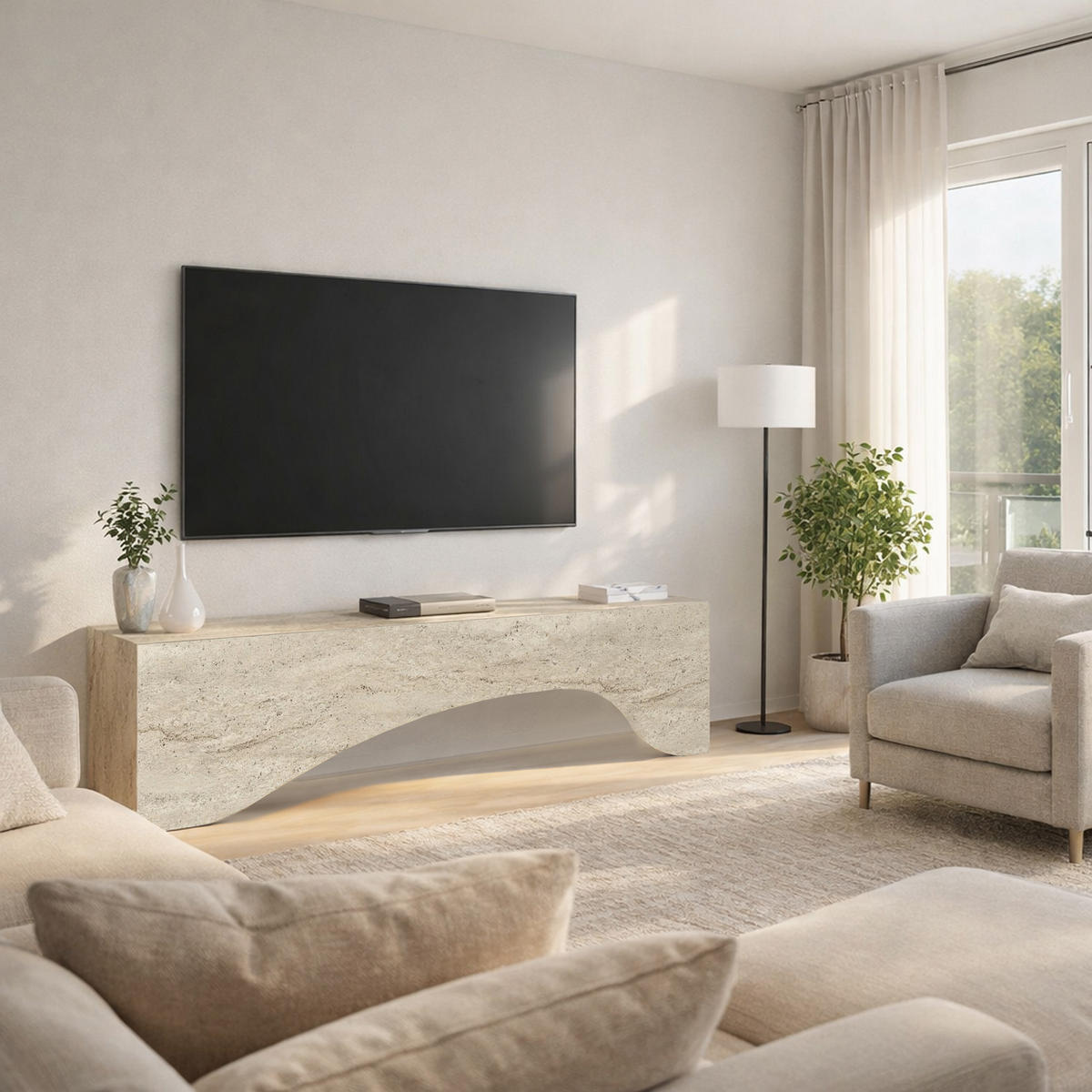 MOEBEL17 TV Lowboard 150 cm Travertin Optik – Modernes Lowboard TV Schrank – TV Board Wohnzimmer – Fernsehtisch Steinoptik – TV Möbel Sideboard Modern - Beige, Holzwerkstoff (158/45/9cm) - moebel17