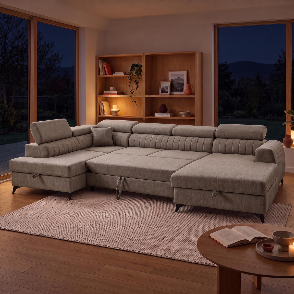 ECKSOFA U-Form PIERO U Links mit Schlaffunktion 125x260 Velours Beige - Beige/Schwarz, Holz/Textil (350/90/203cm) - Muffo