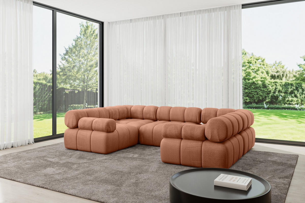 WOHNLANDSCHAFT modulares Sofa Birno-U1 - 285x190x70 cm Apricot Velours - Koralle, Holzwerkstoff/Textil (285/70/190cm) - ALTDECOR