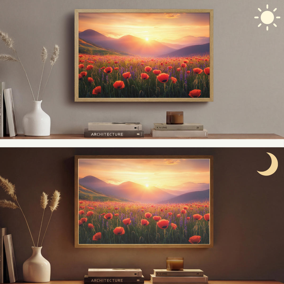 WANDLEUCHTE MIT AKKU Landschaft - Sonnenuntergang - Blumenfeld 60x40 cm - Rot, Holzwerkstoff (60/40/8cm) - OnlyWow