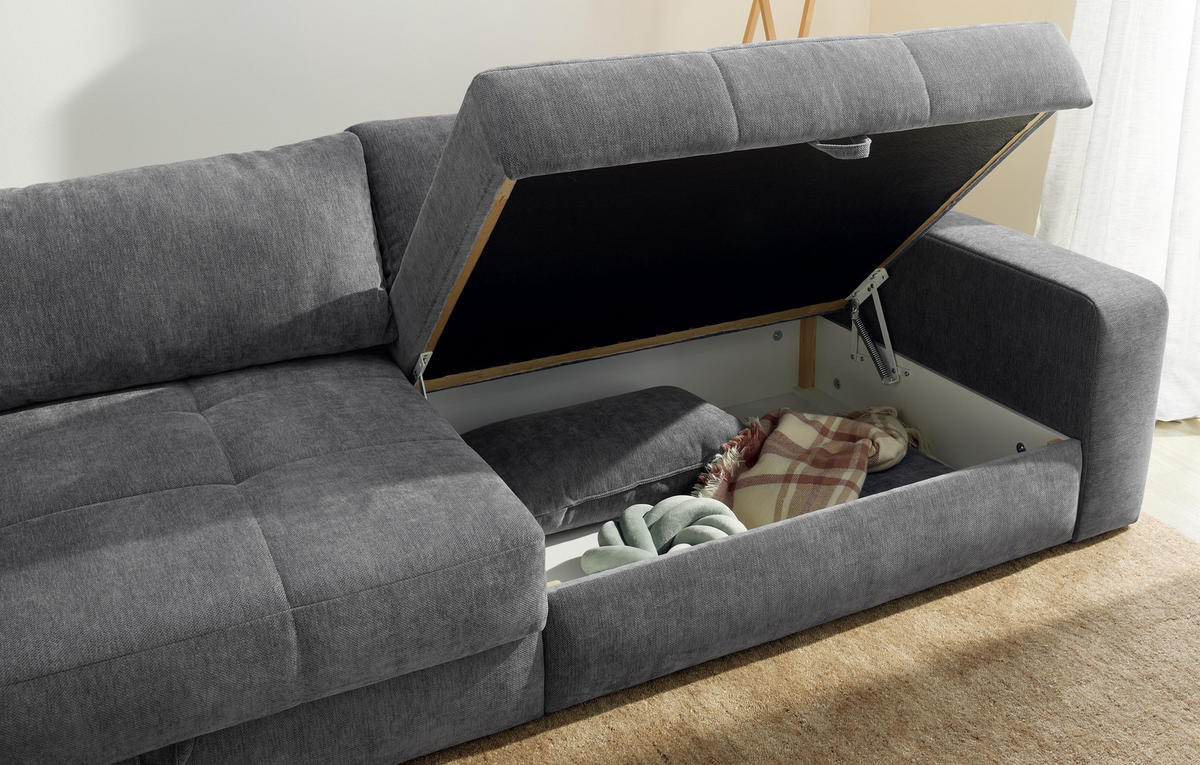 BIG-SOFA mit 2 Bettkästen, viel Stauraum, B274/T113/H84 cm, Liegefläche 103x241 cm, Chenille Grau / 15243 - Schwarz/Grau, Kunststoff/Textil (284/84/113cm) - luma-home