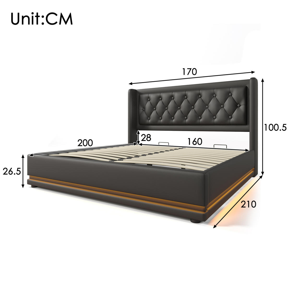 POLSTERBETT mit Stauraum USB/Typ-C 160x200 cm PU Schwarz - Schwarz, Metall (160/200cm) - Meubliv
