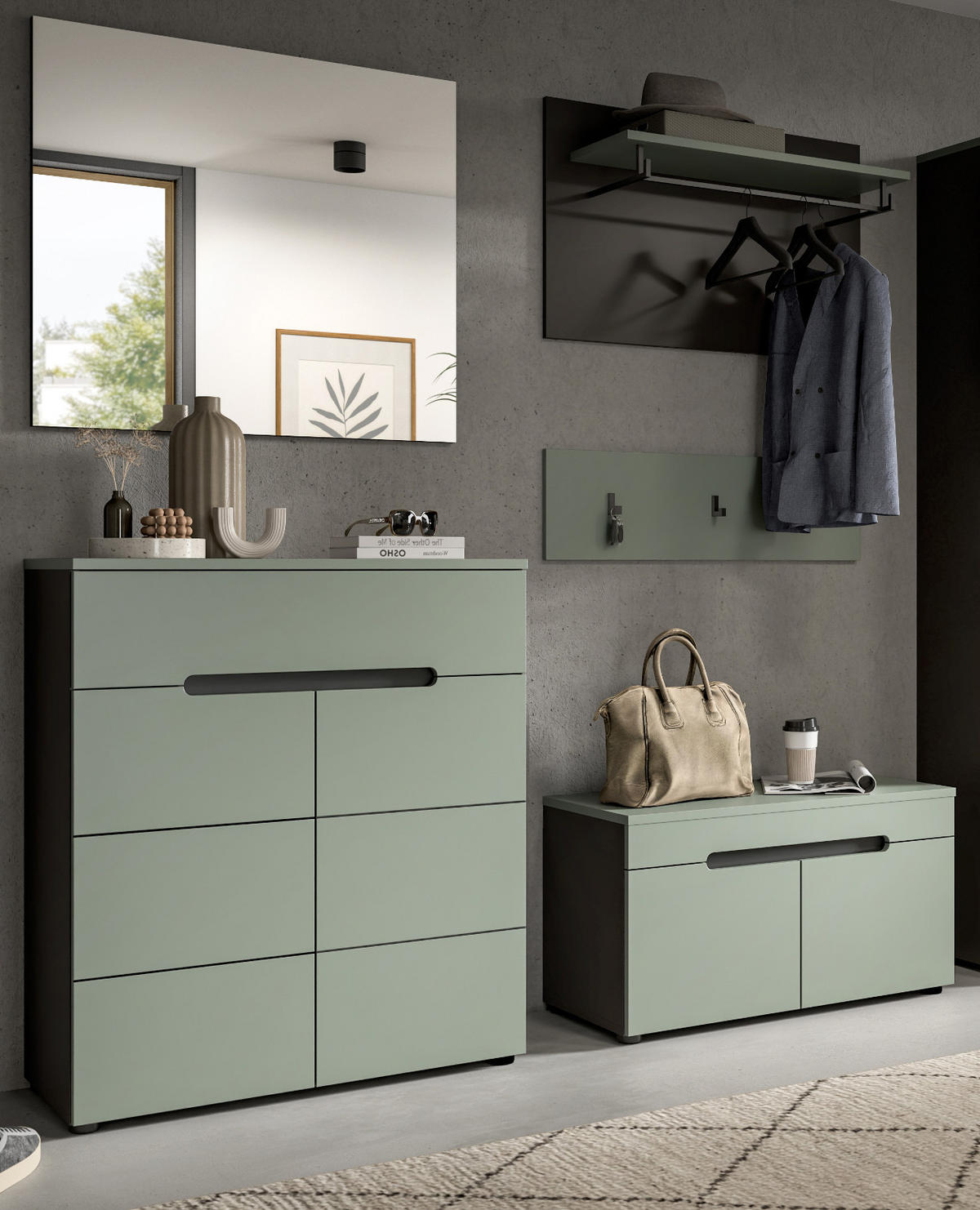 GARDEROBE SET 5-teilig in Salbei Grün und Basalt Grau 175 cm, Soft-Close Cooper - Salbeigrün/Schwarz, Glas/Holzwerkstoff (175/190/37cm) - Inn.Furn