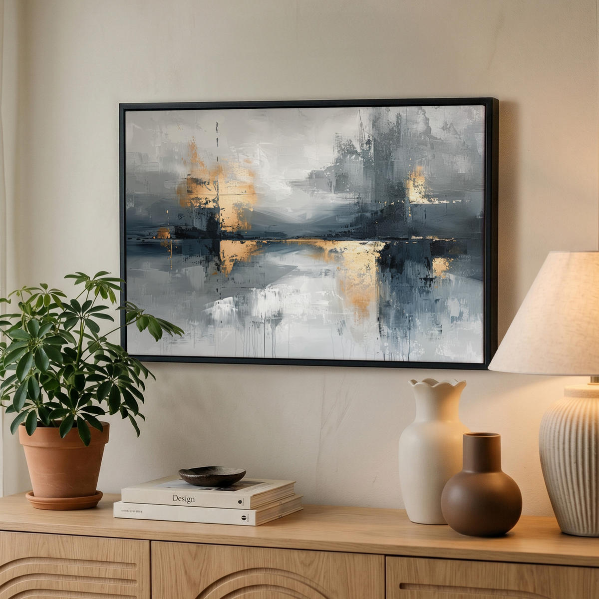 LEINWAND Bilder mit Rahmen - Kunst - Grau - Gold - Abstrakt - 60x40 - Dunkelgrau, Textil (60/40cm) - MuchoWow