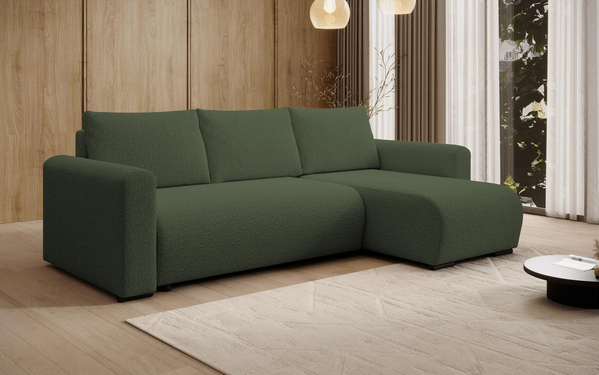 ECKSOFA DORA L, Eckcouch in L-Form mit Schlaffunktion und Bettkasten, Farbe: Grün, Bouclé-Stoff, Ottomane Rechts - Grün, Textil (240/143cm) - Storez24