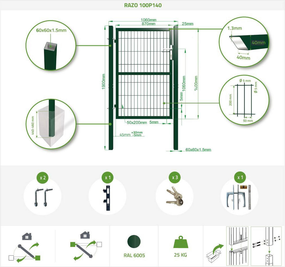 ZAUNTOR Razo grün 1m H.140cm Metall - Grün, Metall (106/146cm) - Casanoov