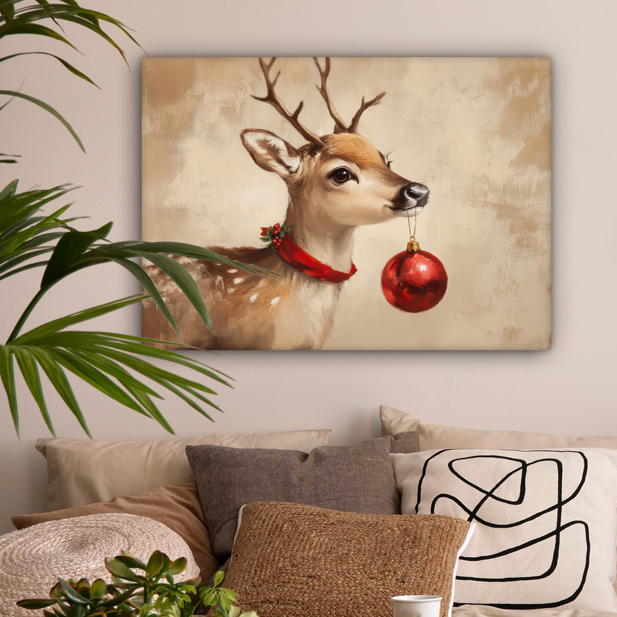 LEINWANDBILD Weihnachten - Hirsch - Geweih - Weihnachtskugel - Rentier Wandbilder 80x60 cm - Hellbraun, Textil (80/60cm) - MuchoWow