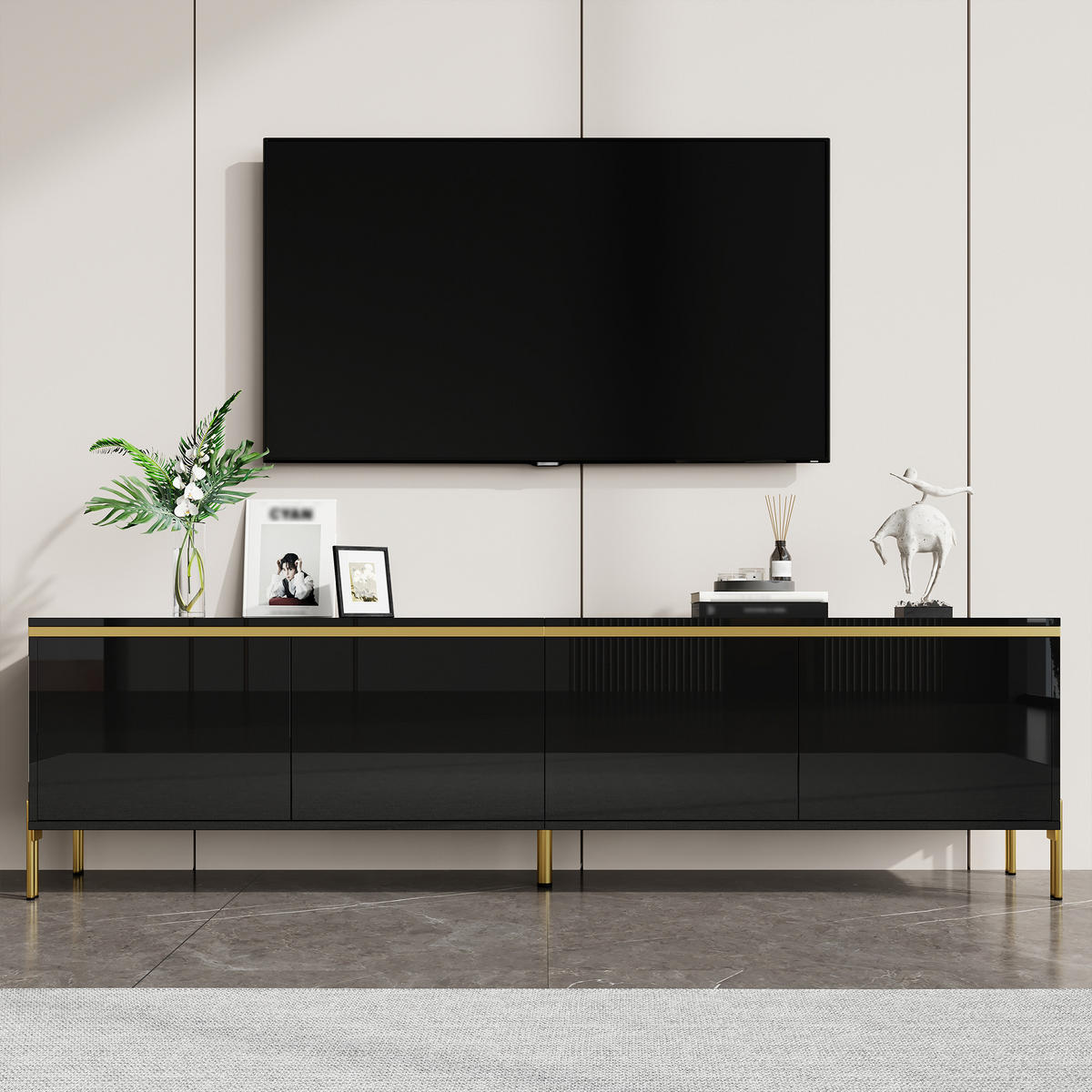 TV-SCHRANK 170/38/50 cm Schwarz Hochglanz mit 4 Türen und Gold - Schwarz, Holzwerkstoff/Metall (170/50/38cm) - Oxeza