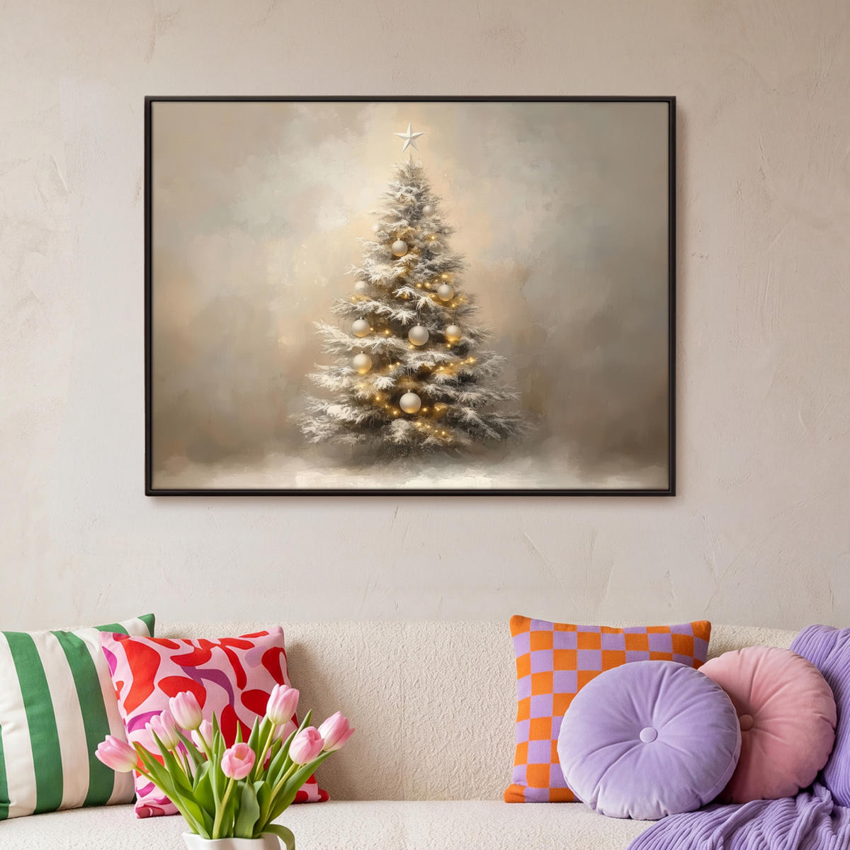 LEINWAND Bilder mit Rahmen - Weihnachten - Weihnachtsbaum - Schnee - Kunst - 100x70 - Champagner, Textil (100/70cm) - MuchoWow