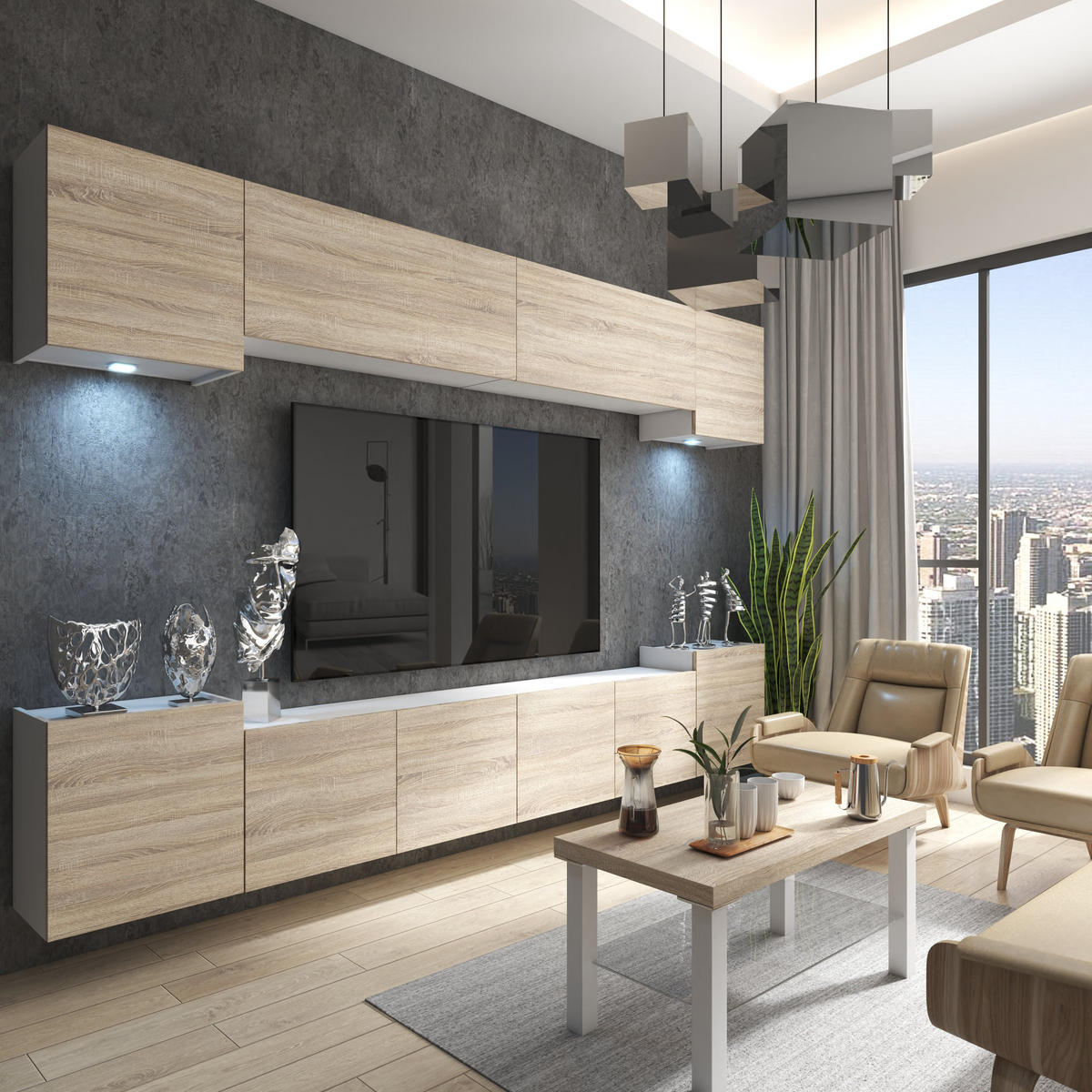 WOHNWAND Milano 4, Sonoma Eiche Matt, 300 cm, Grifflos - Sonoma Eiche, Holz (300/60/36cm) - B BELINI GROUP