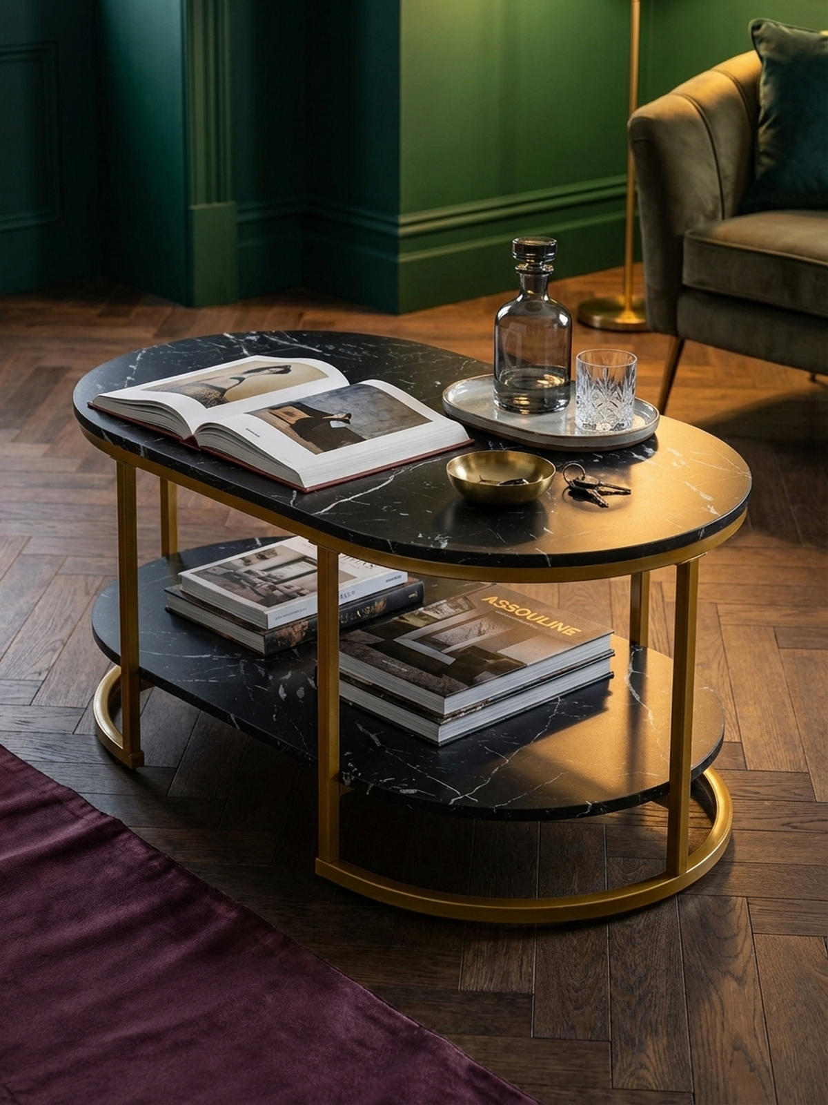 COUCHTISCH mit Marmor Optik, rechteckig, Ablage, goldenes Metallgestell, Schwarz 100x60x45 cm - Goldfarben/Schwarz, Holzwerkstoff/Metall (60/100/45cm) - KADIMA DESIGN