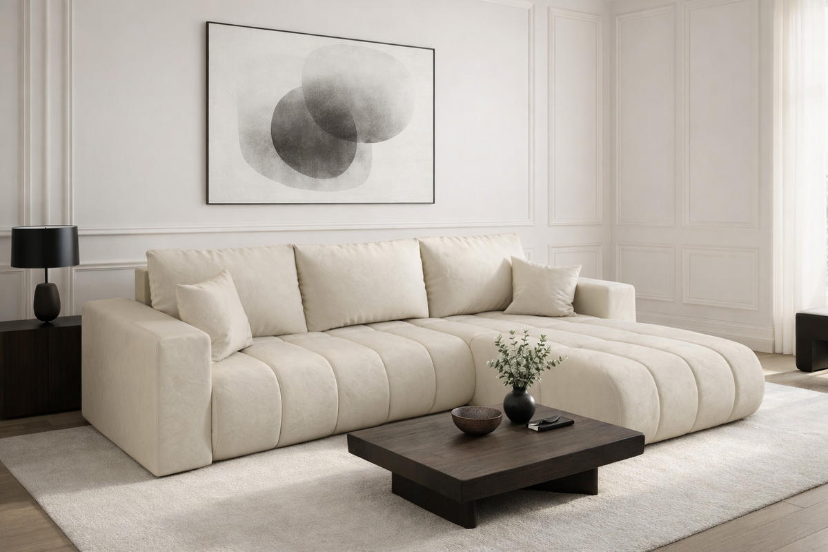 ECKSOFA mit schlaffunktion und bettkasten MILO PREMIUM, stoff MONOLITH, Ecru, Rechts - Ecru, Holz (280/190cm) - Kaiser Möbel