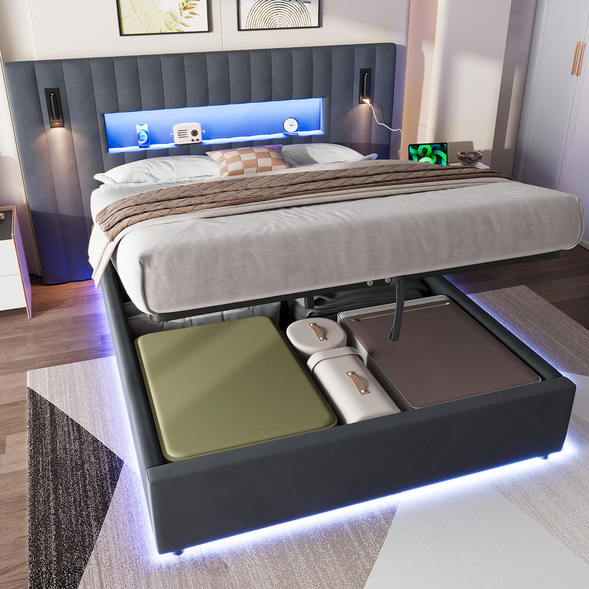 POLSTERBETT 200/193/110 cm aus Samt mit hydraulischem Stauraum, LED & USB‑Anschlüssen, Dunkelgrau - Dunkelgrau, Textil (140/200cm) - OKMYHOME