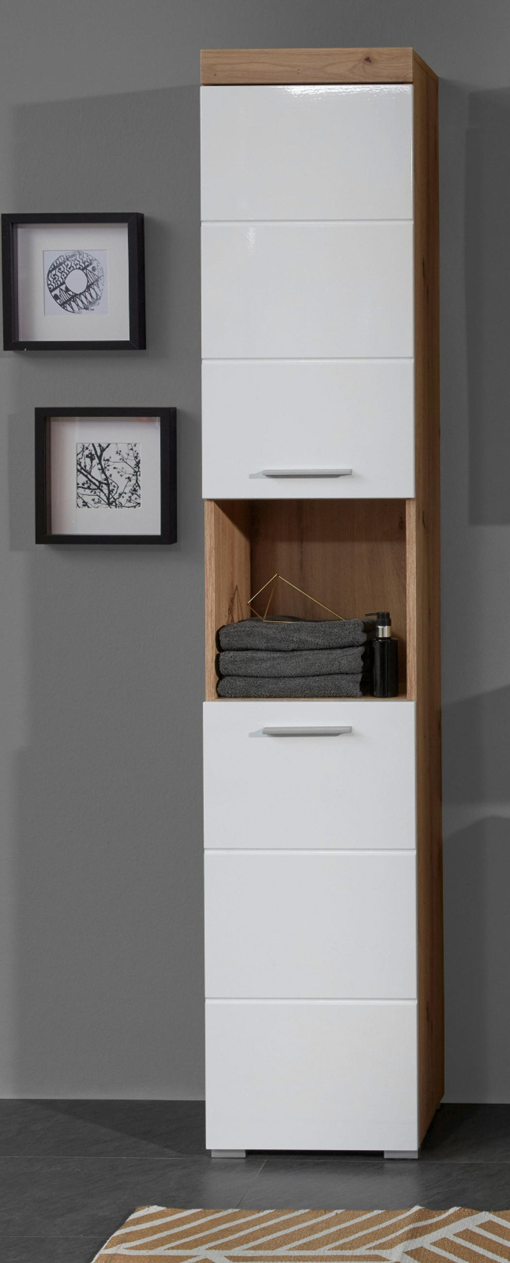 HOCHSCHRANK weiß Hochglanz, Asteiche 37 cm, Badschrank in modernem Design - Eichefarben/Weiß, Holzwerkstoff/Kunststoff (37/190/31cm) - Top.Furn