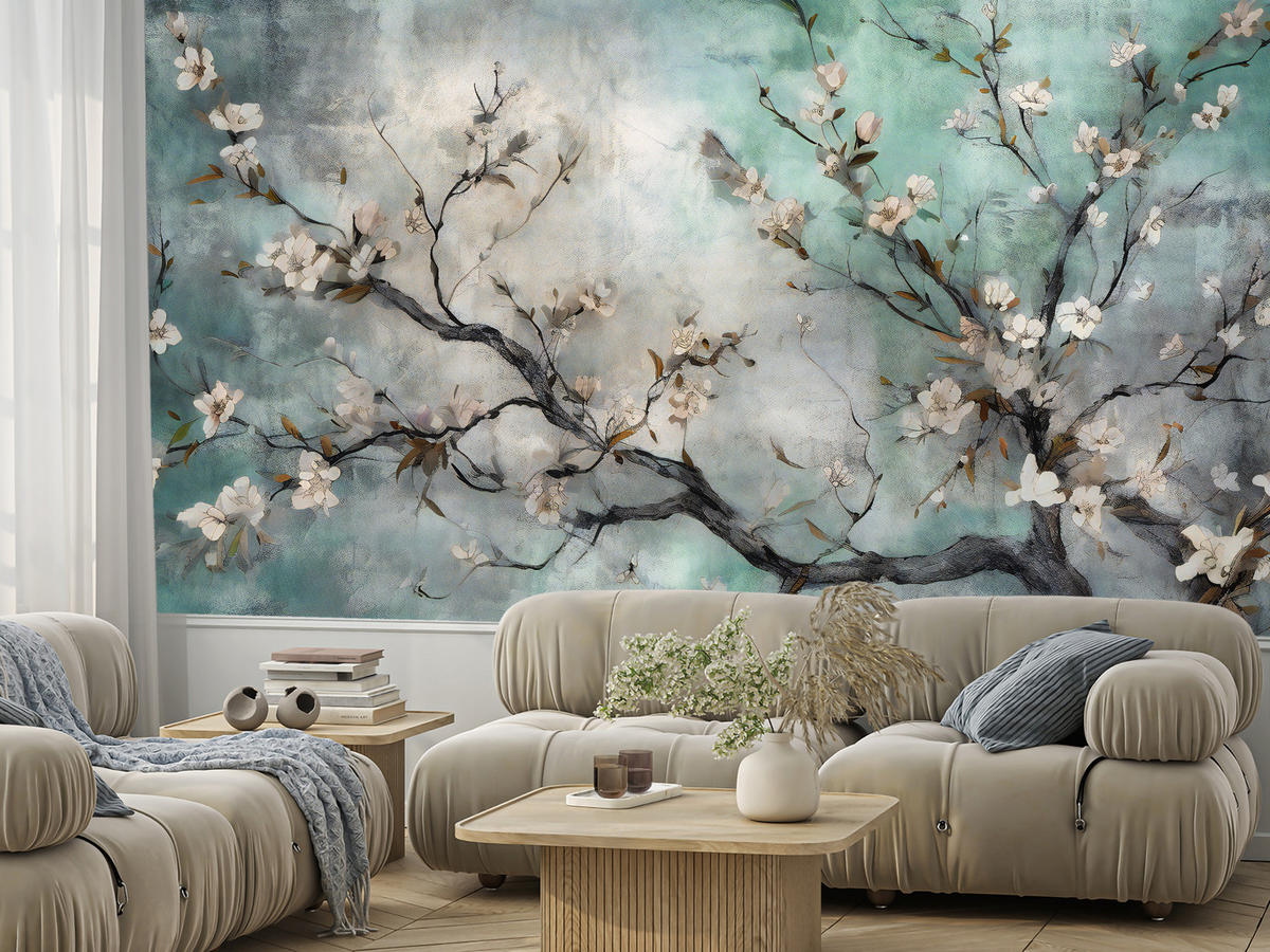 FOTOTAPETE für Schlafzimmer Abstrakte Kirschblüten Beton Pflanzen 200x140 - Beige/Braun, Papier (200/140cm) - Muralo