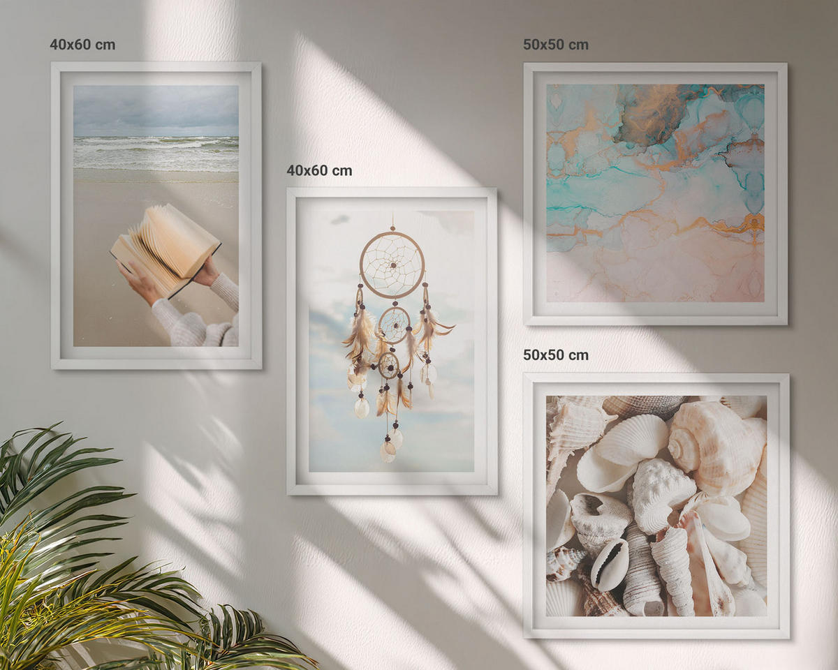 WANDBILDER 4er-Set - 50x50 cm & 40x60 cm Weißer Rahmen - Boho-Buch mit Muscheln - Weiß, Kunststoff (50/50cm) - ArtPrintCave