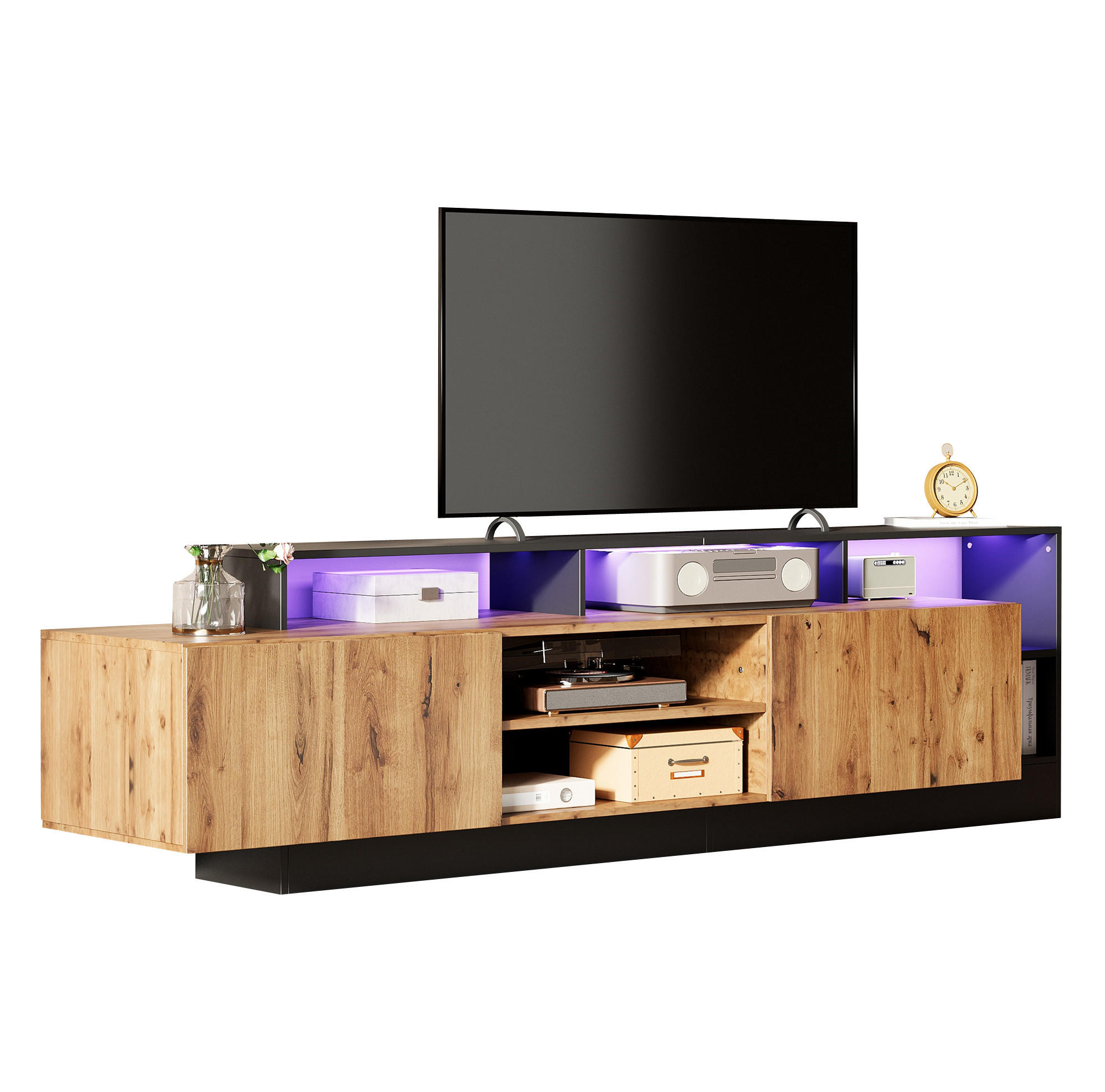 TV-SCHRANK aus Spanplatte 190x40x48,5 cm Eichefarben/Schwarz mit LED-Beleuchtung, viel Stauraum und Klapptüren - Schwarz, Holzwerkstoff (190/48.5/40cm) - Modfu