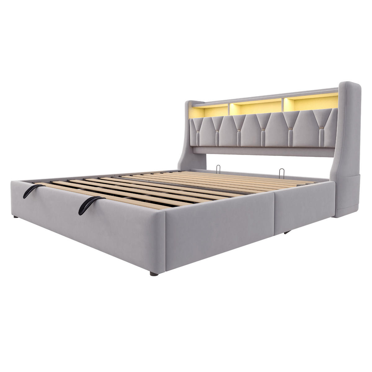 POLSTERBETT 180/200 cm in Hellgrau mit Bettkasten, LED, USB und Type-C Samt - Hellgrau, Holzwerkstoff/Textil (180/200cm) - STILVORA