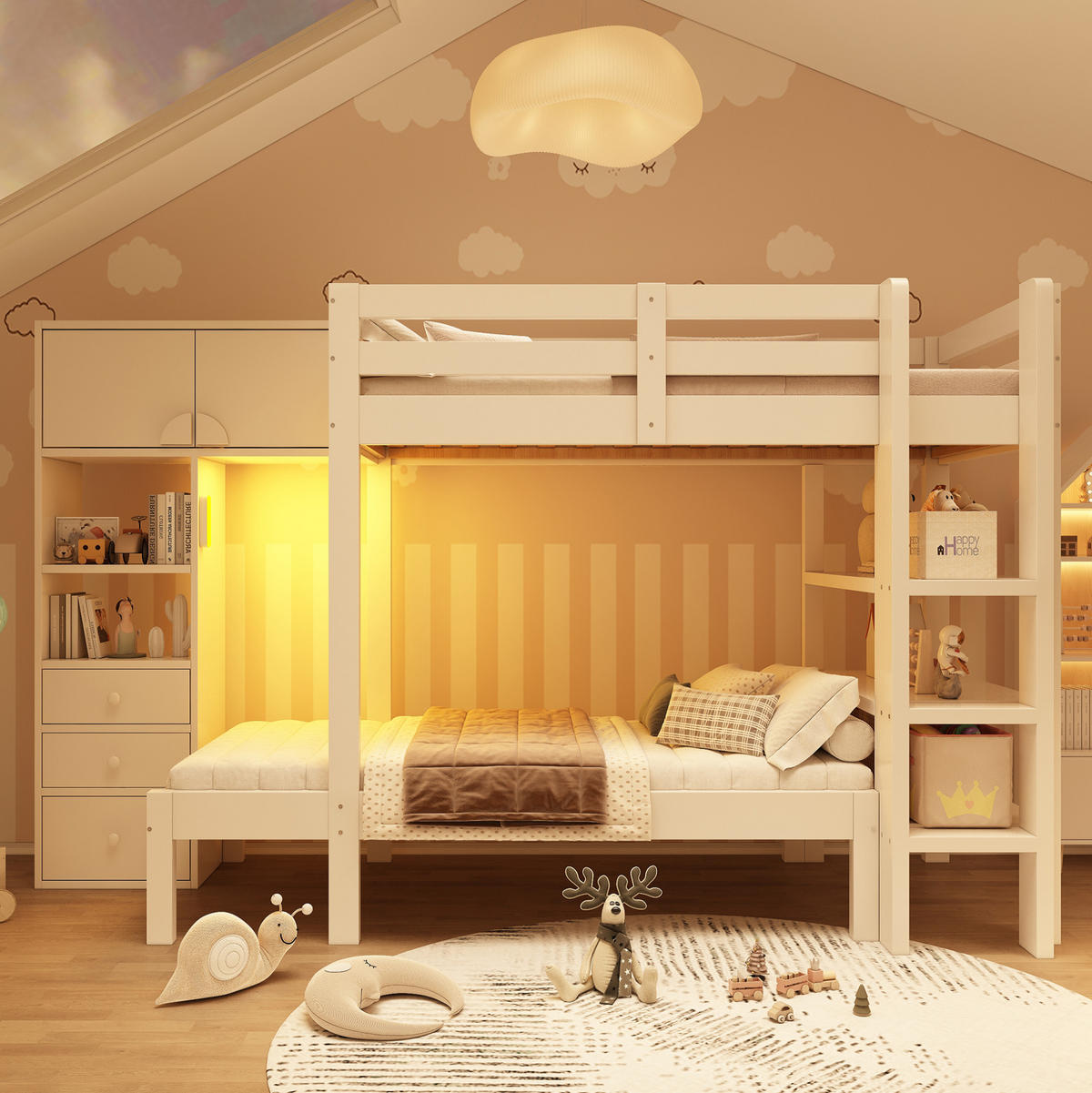ETAGENBETT aus Massivholz und MDF 90x200 cm Weiß mit Nachtlicht, Schrank, Regal und Schubladen - Weiß, Metall (90/200cm) - Modfu