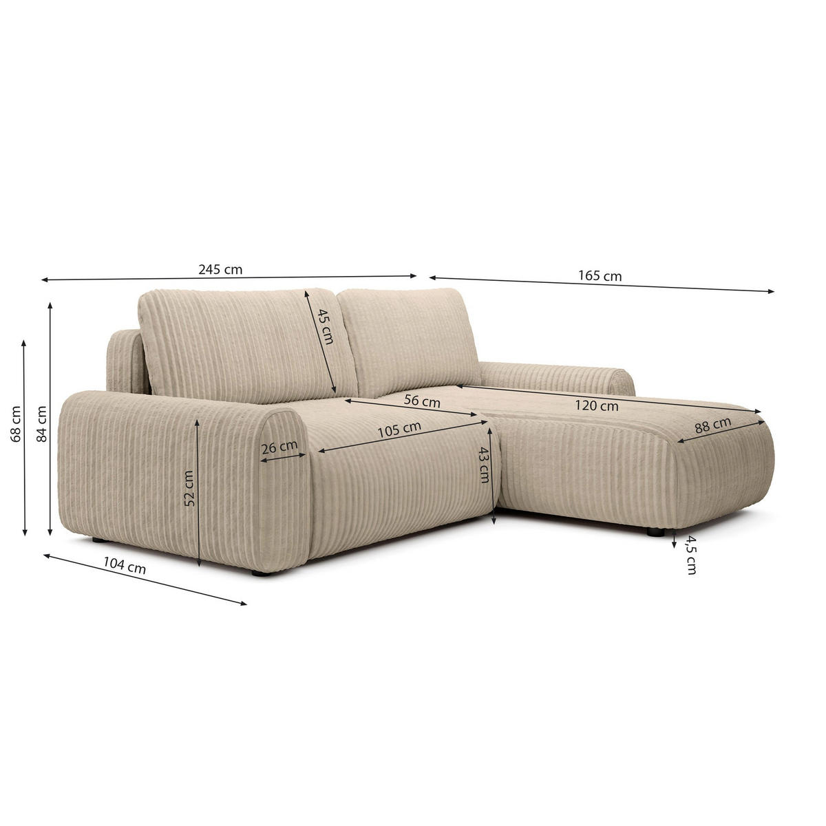 ECKSOFA Lelu Creme beidseitig - Creme/Schwarz, Kunststoff/Textil (245/165cm) - Selsey