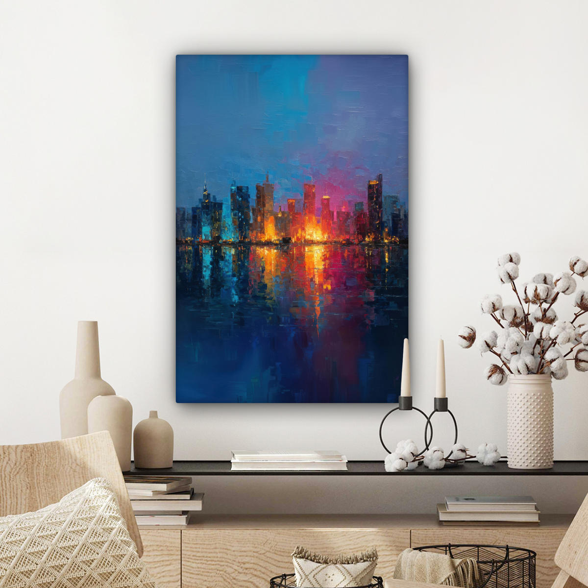 LEINWANDBILD Skyline - Pinselstriche - Dunkelblau - Leuchtend Wanddeko Schlafzimmer 60x90 cm - Blau, Textil (60/90cm) - MuchoWow