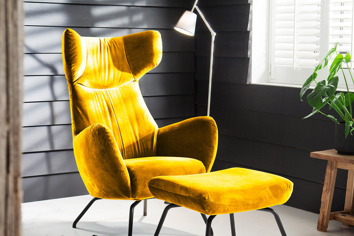 SESSEL MIT HOCKER LOTTE Gelb Velvet - Gelb/Schwarz, Textil (79/117/82cm) - KAWOLA