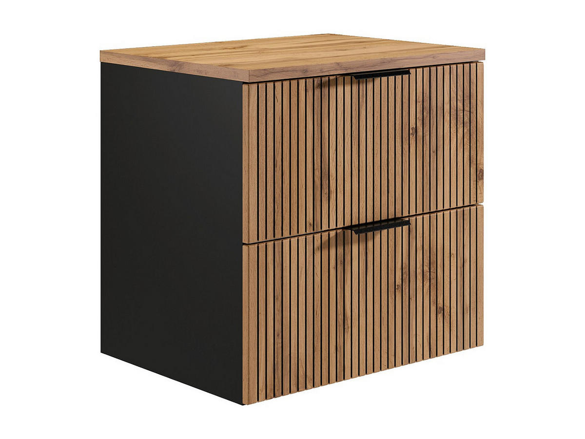 WASCHBECKENUNTERSCHRANK hängend mit Struktur und Holzplatte - Heller Naturton und Schwarz - 60 cm - MADELA - Schwarz, Holz (60/57/46cm) - Vente-Unique