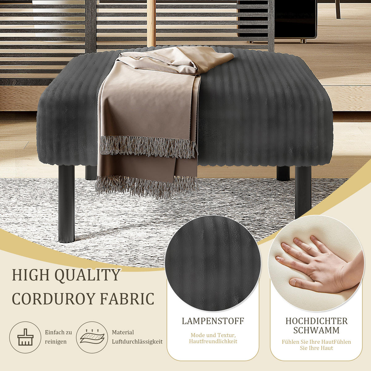 HOCKER Fußhocker Cord,Grau - Grau, Textil (56/39/51cm) - LVHOM