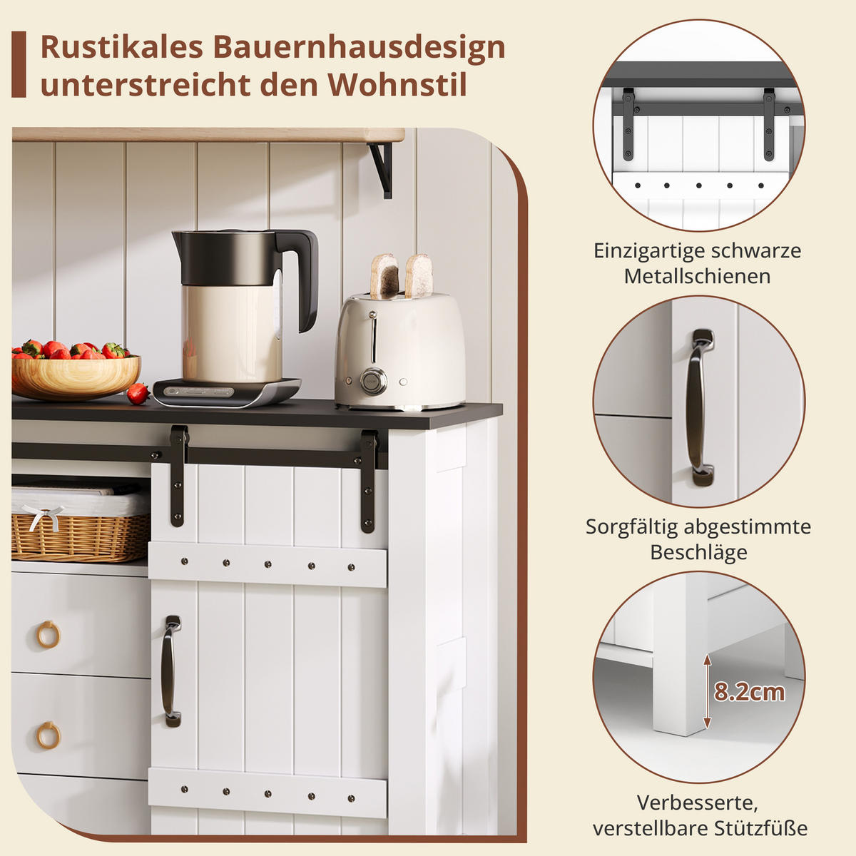BUFFETSCHRANK in Weiß Seitenschrank mit Schiebetüren und Schubladen für Küche und Wohnzimmer, B120/T40/H80 cm - Weiß, Holzwerkstoff/Metall (120/80/40cm) - STILVORA