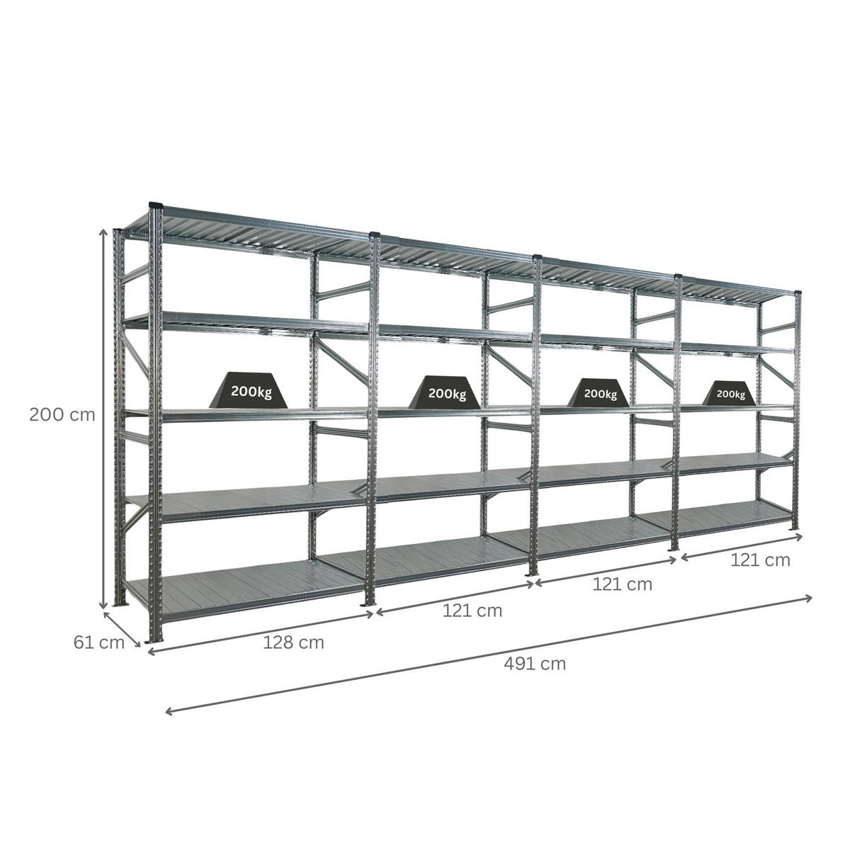 FACHBODENREGAL Proximo Stecksystem 200x480x60cm 5 Ebenen Fachlast 200 kg Beidseitig nutzbar Verzinkt - Silberfarben, Metall (480/200/60cm) - PROREGAL