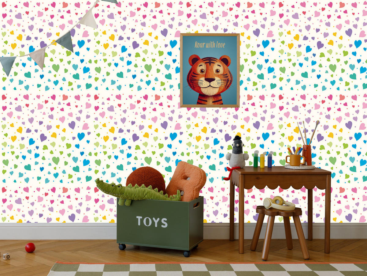 VLIESTAPETE Bunte Herzen im Boho-Stil – Bunt, Weiß – 50x1000 cm - Multicolor/Weiß, Papier (50/1000cm) - Muralo