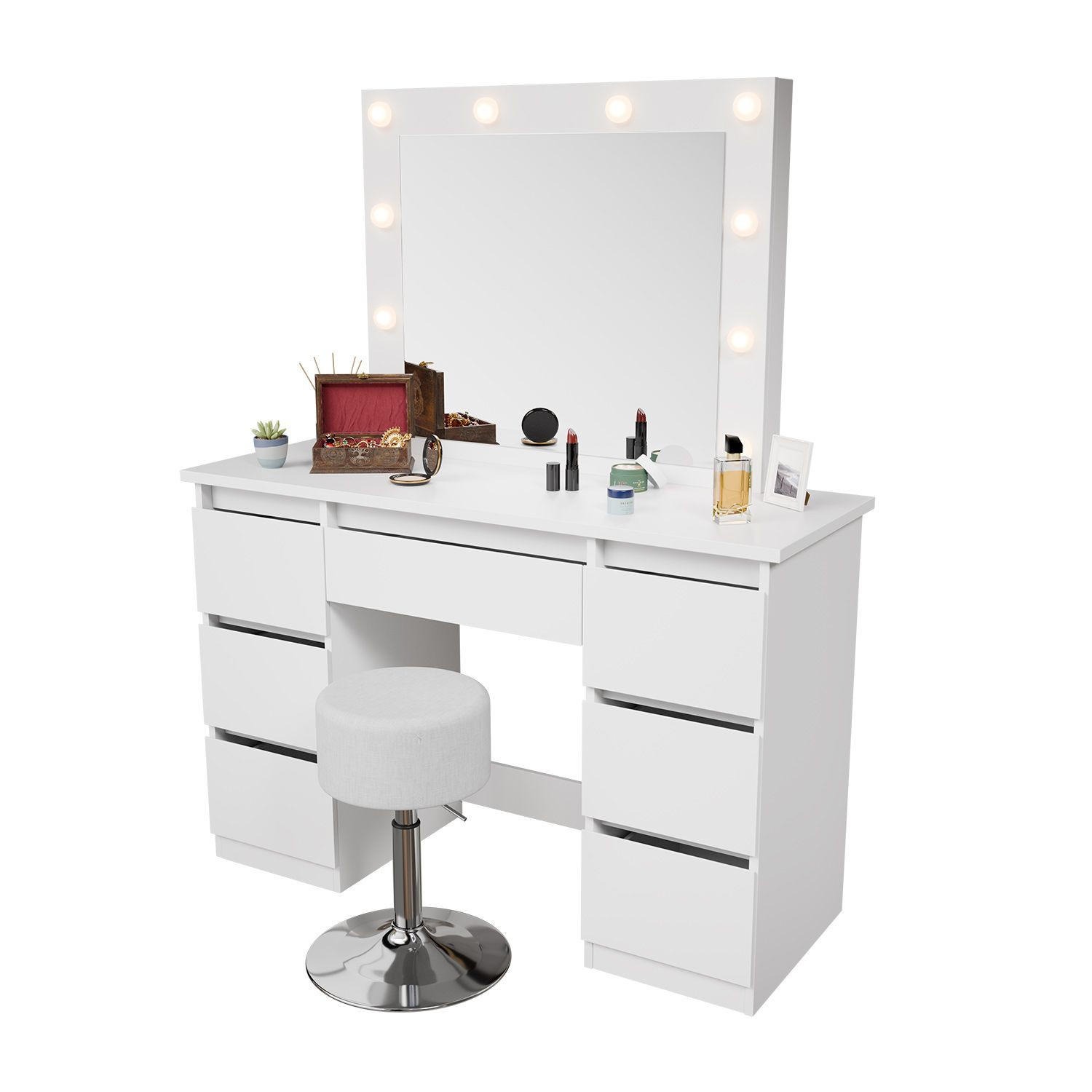 SCHMINKTISCH Talea mit LED (3 Lichtstufen) inkl Hocker Tonia - Weiß, Holz (110/141/40cm) - Juskys