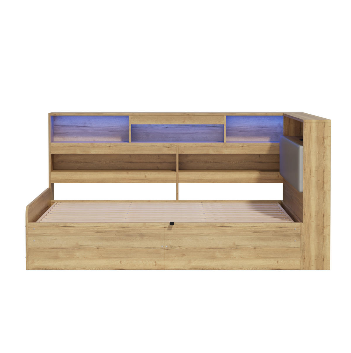 DETSKÁ posteľ 90/200 cm prírodná s hydraulickým úložným priestorom LED a USB z MDF - prírodná farba, kompozitné drevo (90/200cm) - OKWISH