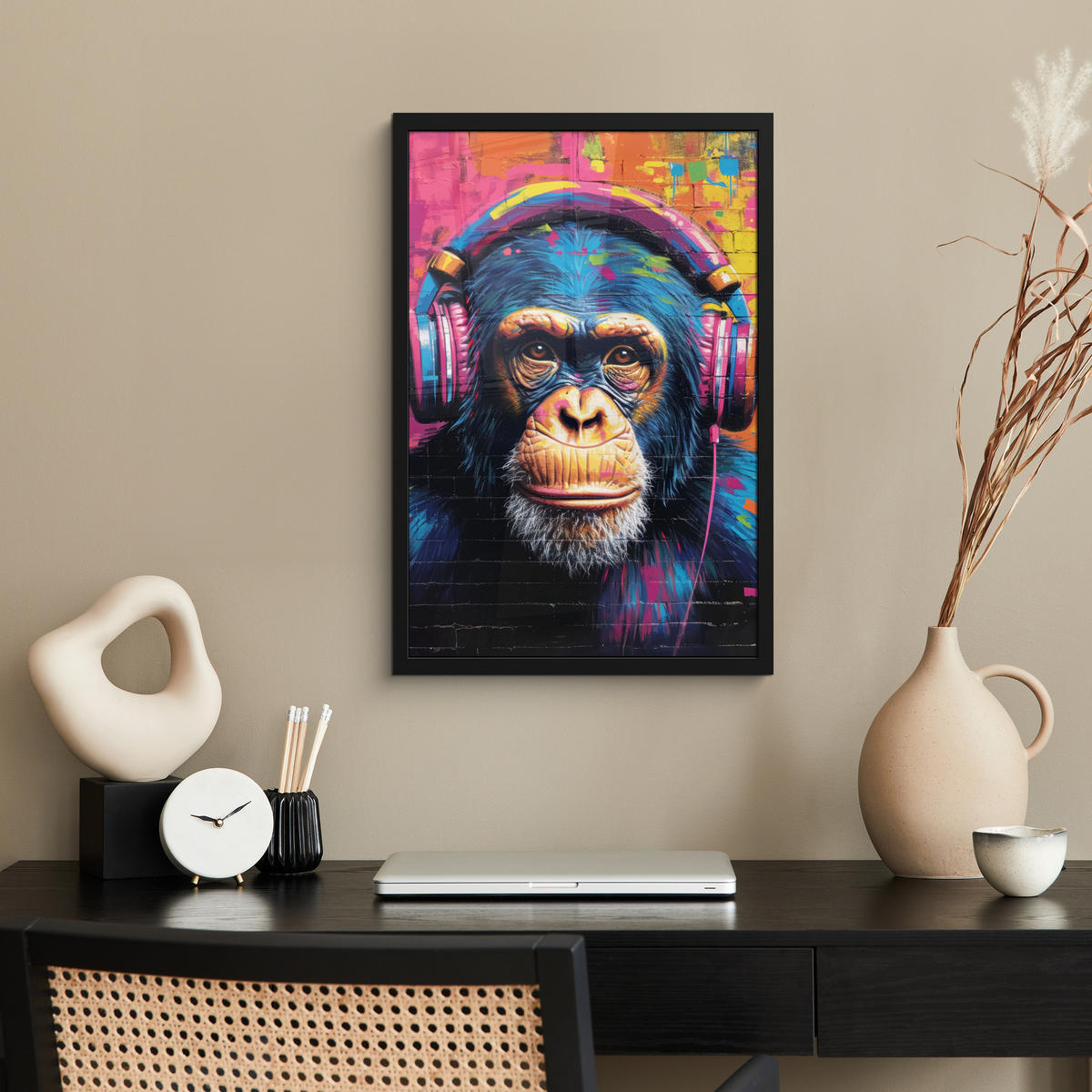 GERAHMTES BILD Graffiti - Schimpanse - Straßenkunst - Kopfhörer - Affe 40x60 cm - Blau, Papier (40/60cm) - MuchoWow