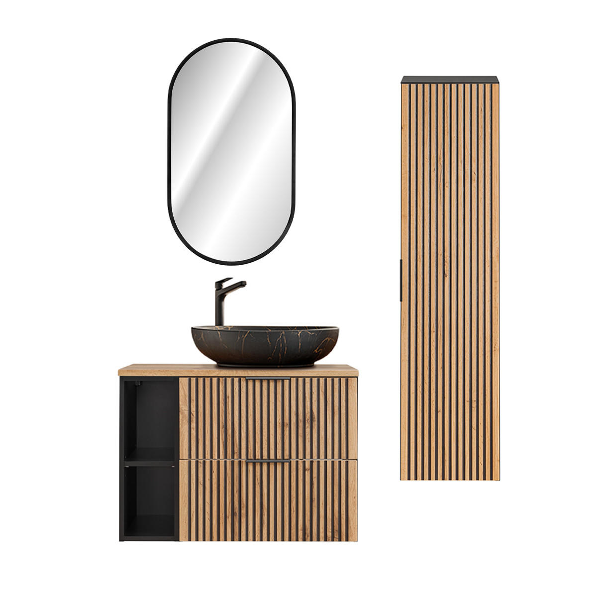 BADMÖBEL 80.6cm Gaia 2er-Set Holz in Eichenoptik und Schwarz - Schwarz, Holzwerkstoff (80.6/59/46cm) - Petits-meubles