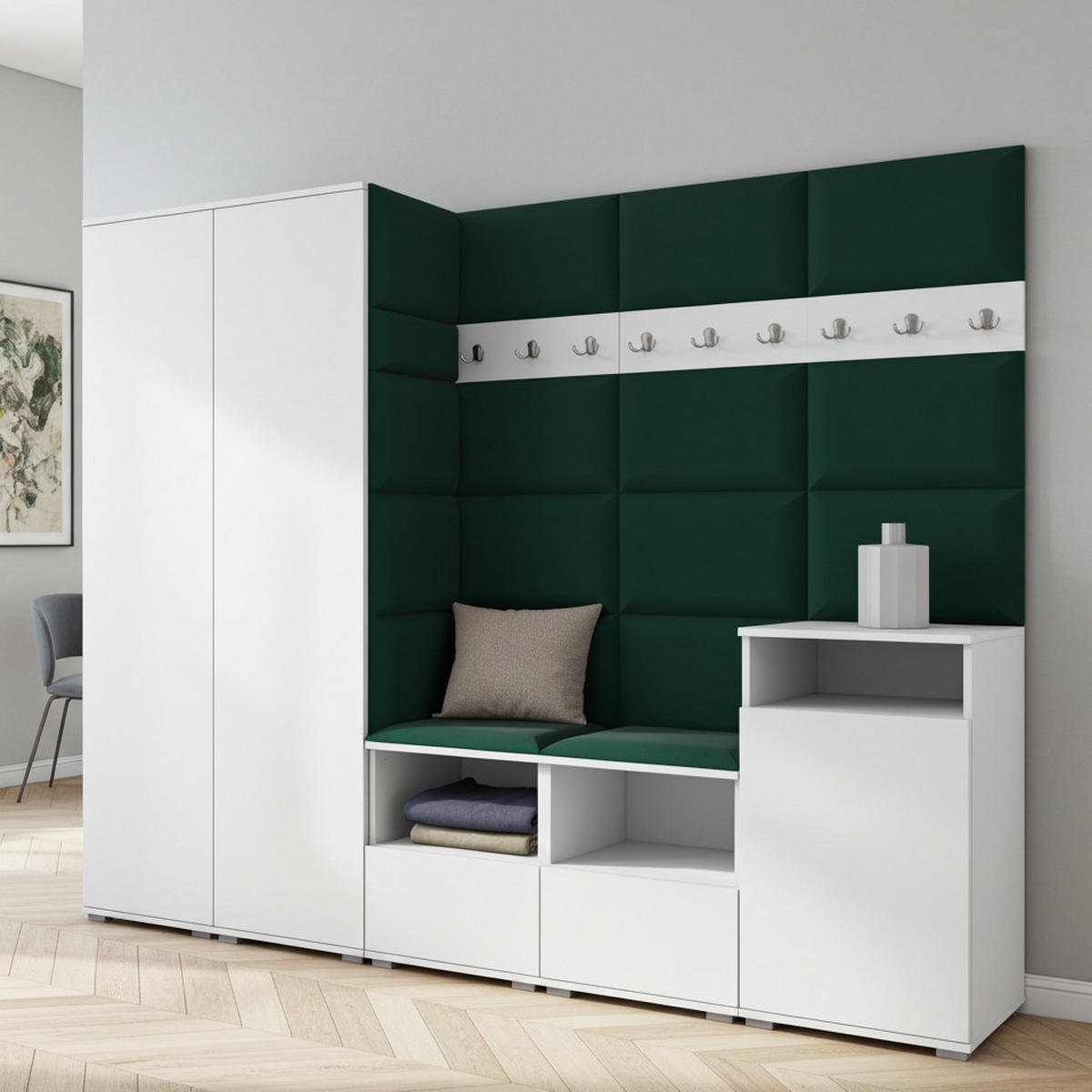 GARDEROBE NELA VIII 250 cm (Modulare Flurmöbel Weiß mit Sitzpolster Flaschengrün 28 2 Schränke + Sideboard) - Dunkelgrün/Silberfarben, Holz/Holzwerkstoff (250/187/40cm) - Ravio
