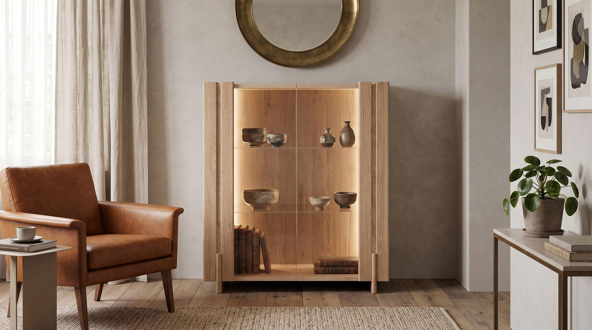 VITRINE Travertino Wildeiche gebleicht / Travertin Naturstein 100 / 46 / 106cm - Wildeiche, Glas/Holz (100/106/46cm) - Feldmann-Wohnen
