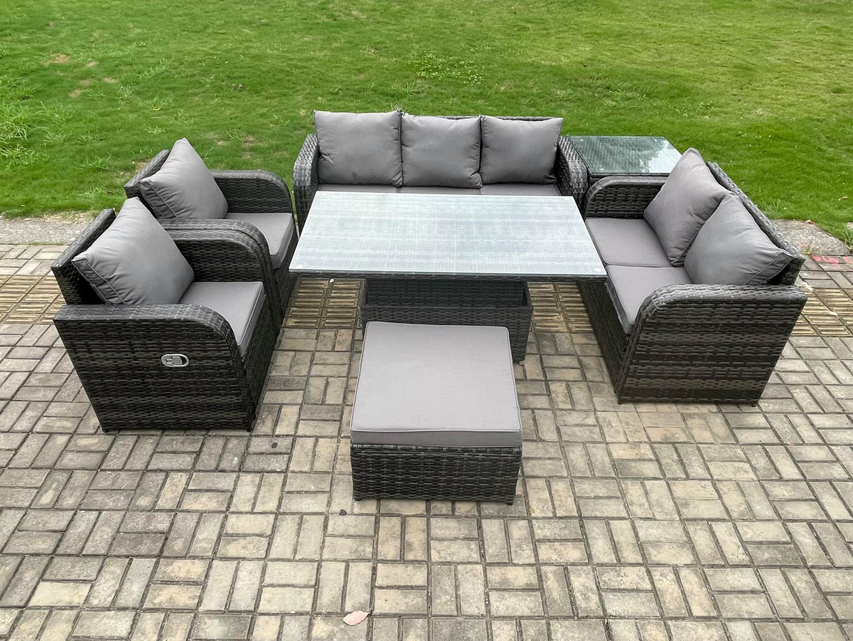 GARTENSOFA SET Polyrattan 8-Sitzer - Dunkelgrau/Grau, Glas/Kunststoff - Fimous