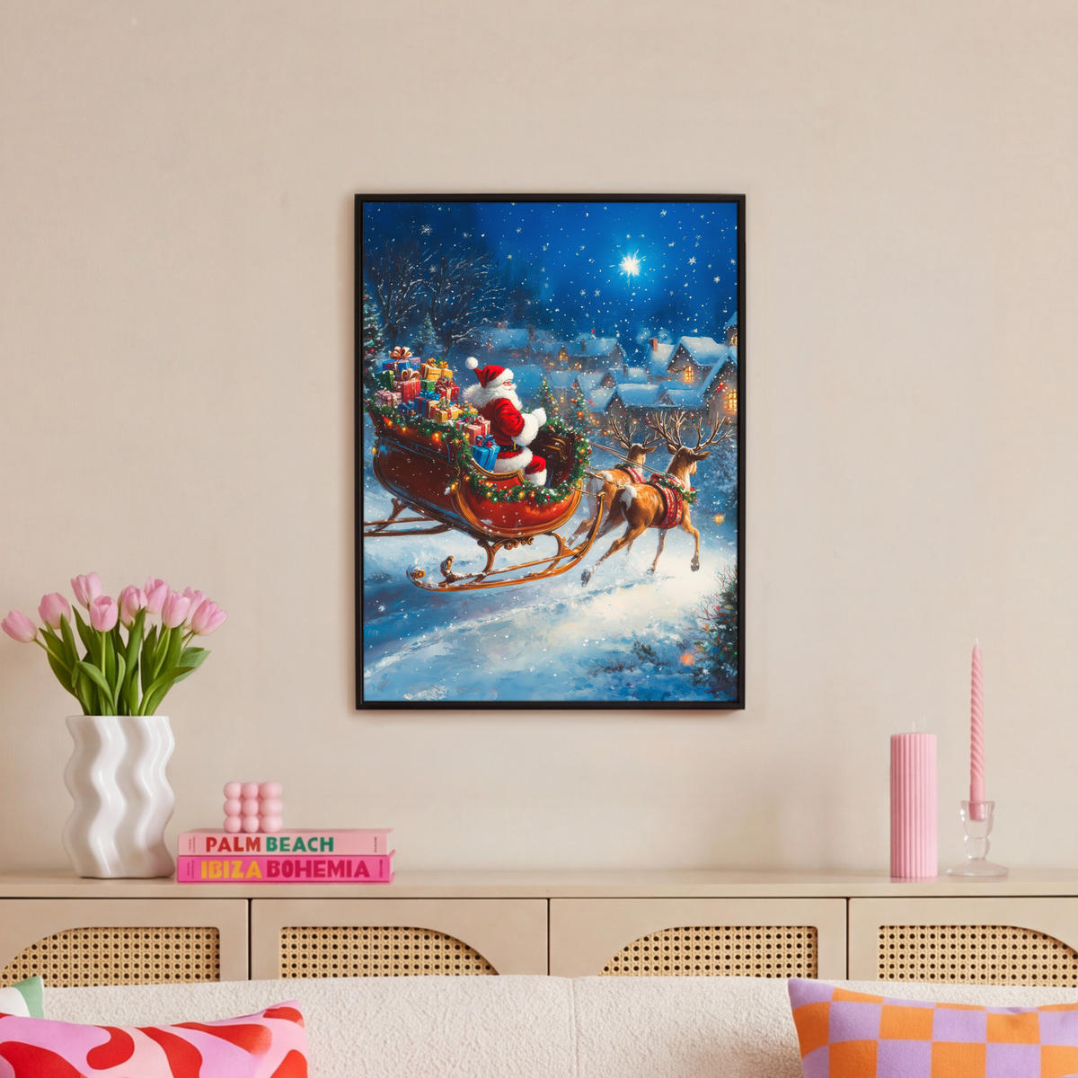 LEINWAND Bilder mit Rahmen - Weihnachtsmann - Rentier - Weihnachten - Schnee - 60x80 - Cognac, Textil (60/80cm) - MuchoWow