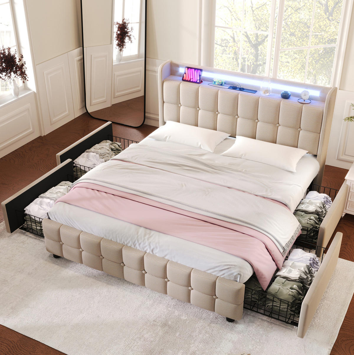 POLSTERBETT 160/200 cm mit USB, Steckdosen, LED-Beleuchtung, 4 Schubladen und Matratze, Beige - Beige, Holz (160/160cm) - Redom