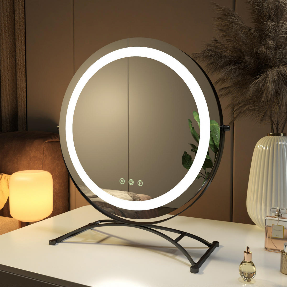 KOSMETIKSPIEGEL mit Beleuchtung, Schwarz, Ø50 cm - Schwarz, Glas (50/16/50cm) - EMKE