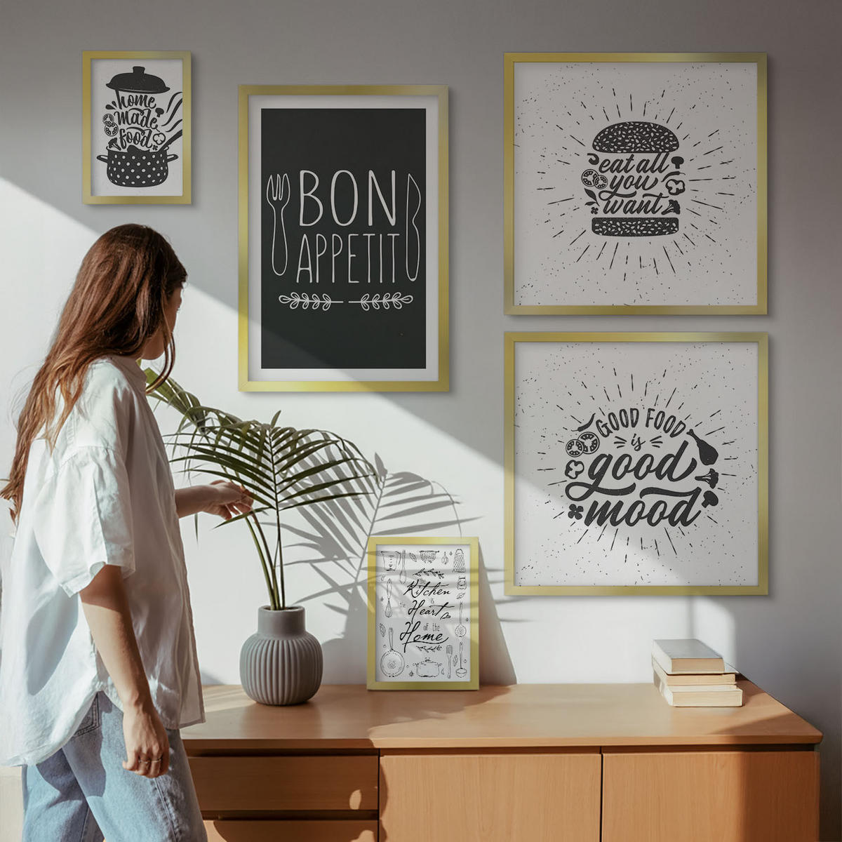 WANDBILDER 5er Set - 50x50 cm & 20x30 cm & 40x60 cm Goldrahmen - Grafiken, Lebensmittel, kulinarische Slogans - Goldfarben, Kunststoff (40/60cm) - ArtPrintCave