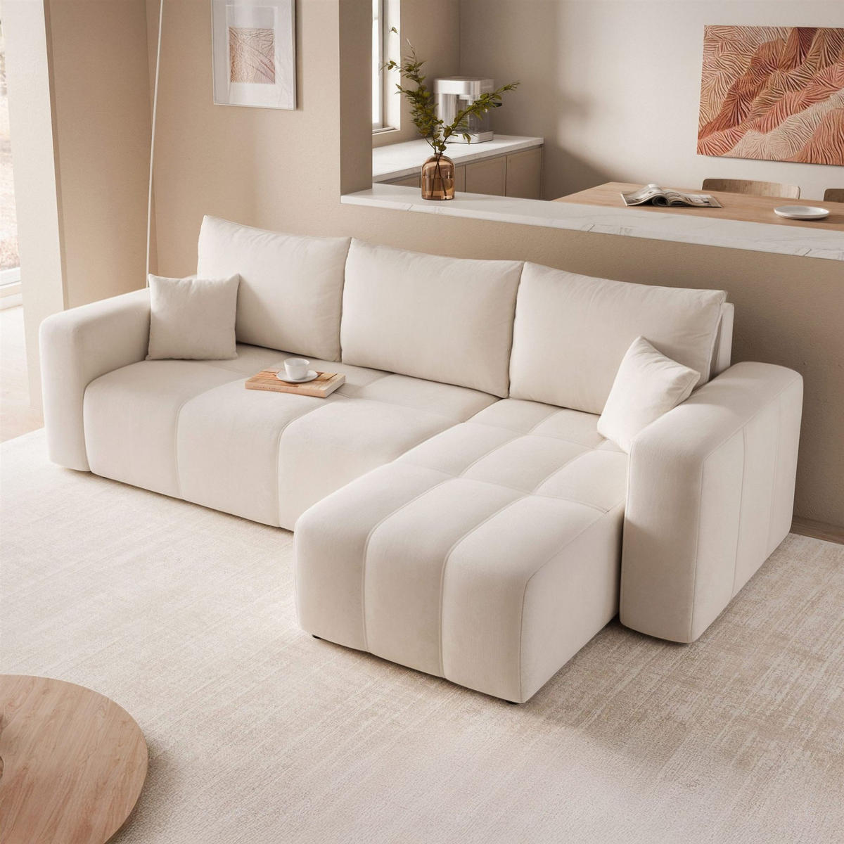 ECKSOFA Leros Mit Schlaffunktion - Creme, Holzwerkstoff/Textil (145/248cm) - Fun Möbel