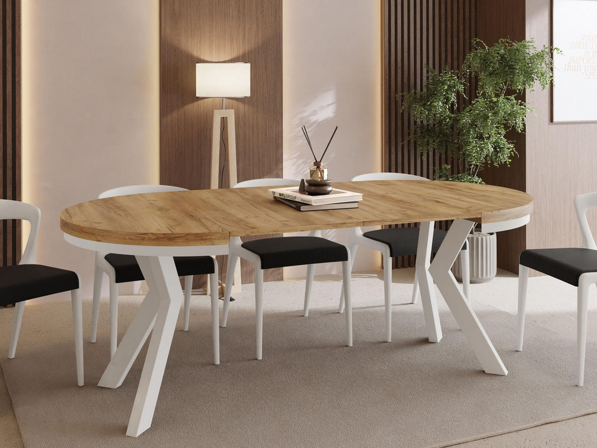 ESSTISCH Savio Weiß Neo rund ausziehbar verlängerbar XXL, Eiche Braun 100-200/100/77 cm - Eiche Wotan/Weiß, Holz/Holzwerkstoff (100/100/77cm) - WFL GROUP