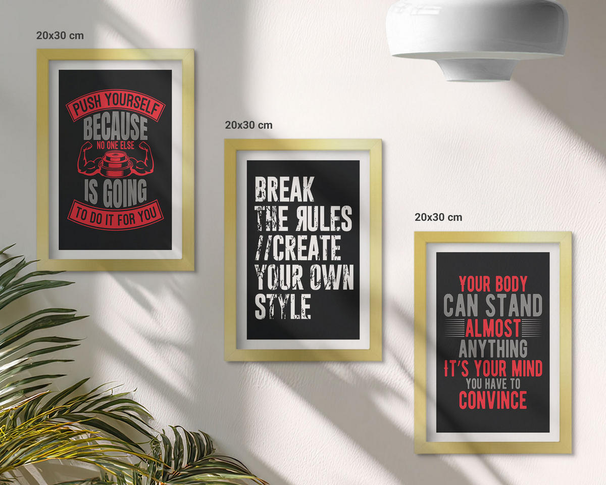 WANDBILDER 3er Set - 20x30 cm Goldrahmen - Motivation, Training, Selbstentwicklung - Goldfarben, Kunststoff (20/30cm) - ArtPrintCave