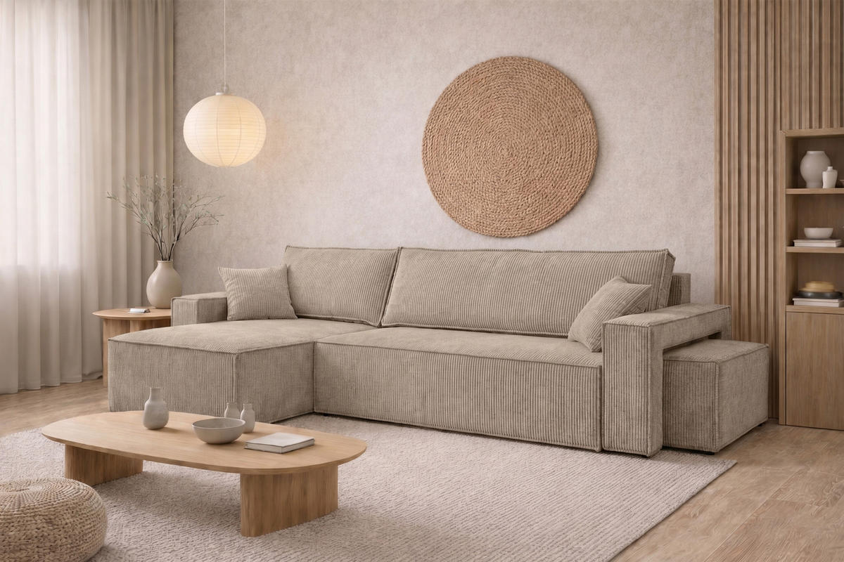 ECKSOFA Mit Schlaffunktion Und Pouf, Cordstoff Poso, Dunkelbeige, Links, Best L Mit Pouf - Beige, Holz (244/145cm) - Kaiser Möbel