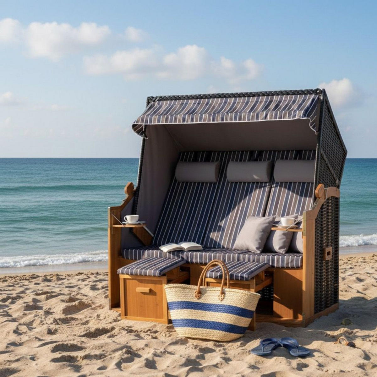 STRANDKORB XXL Ostsee 3Sitzer PE Schwarz - Schwarz/Braun, Metall (160/160/80cm) - Mr. Deko