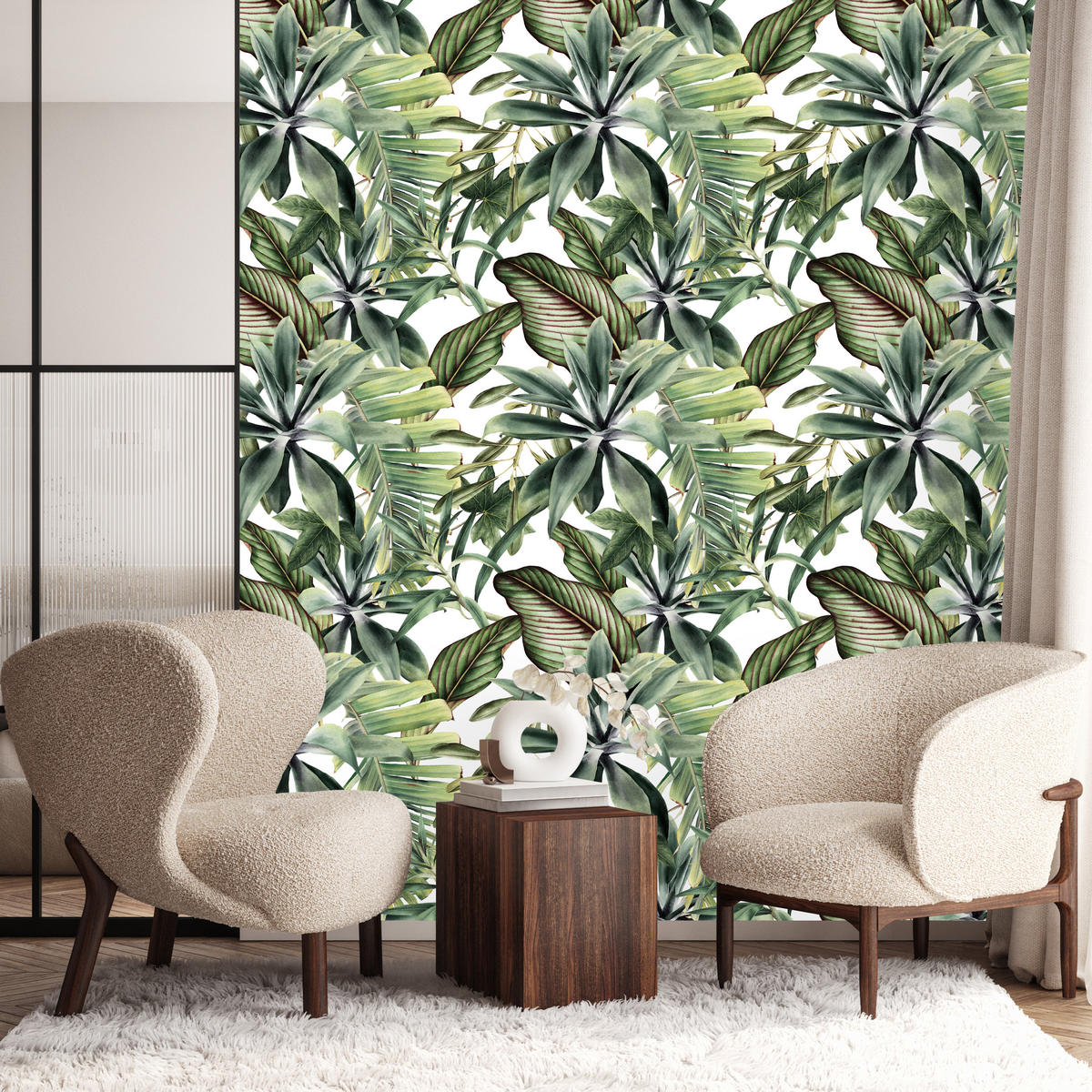 VLIESTAPETE Tropische Bananenblätter – Grün, Weiß – 50x1000 cm - Weiß/Grün, Papier (50/1000cm) - Muralo