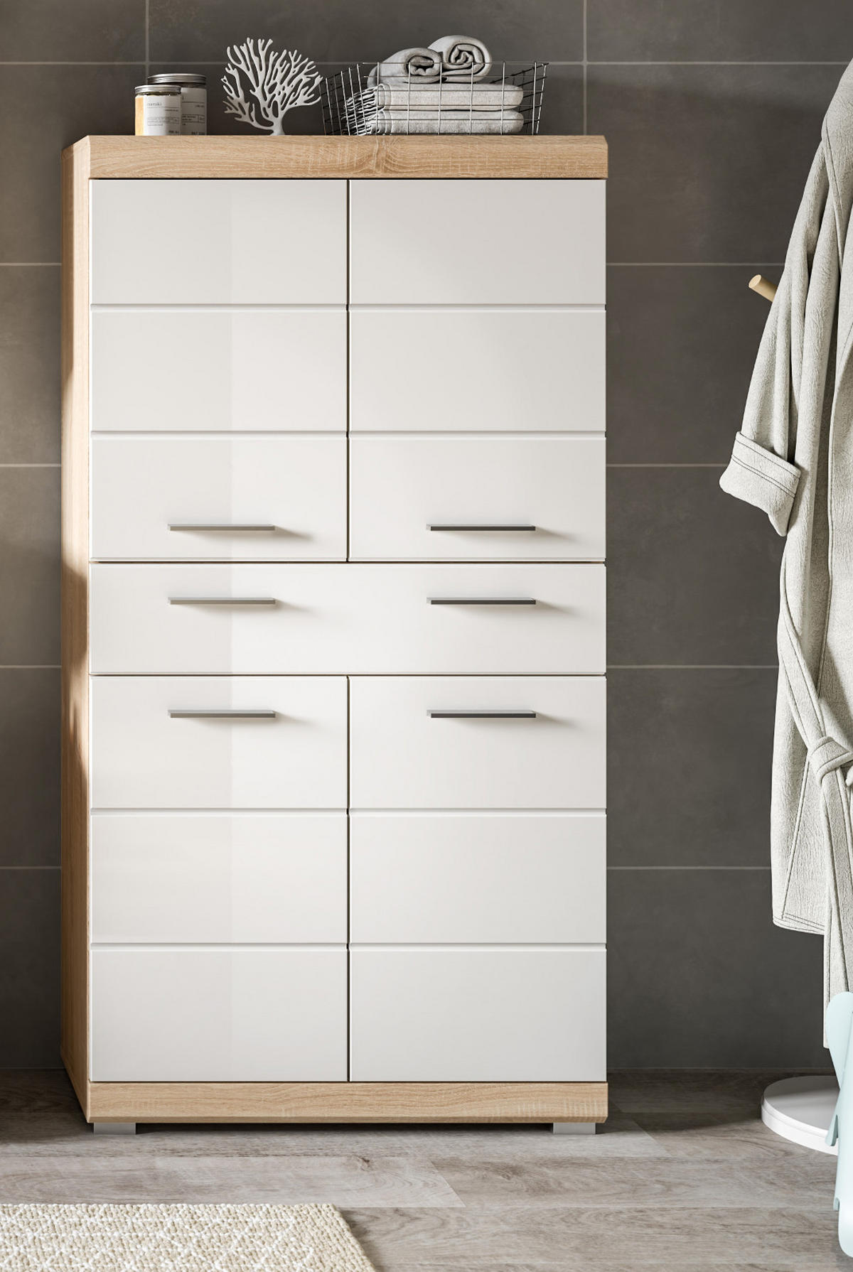 MIDISCHRANK weiß Hochglanz, Eiche 74 cm, Badschrank 4-türig - Weiß Hochglanz/Eichefarben, Holzwerkstoff/Kunststoff (74/141/31cm) - Inn.Furn