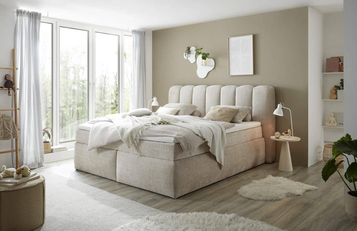 BOXSPRINGBETT 180/200x200 – Duo 7-Zonen-Tonnentaschen-Federkernmatratze & HR‑30 Topper - Taupe/Beige, Holz/Textil (180/200cm) - ed exciting design